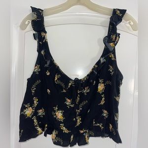 Black crop tank top with yellow flower details, ruffle sleeves, size L